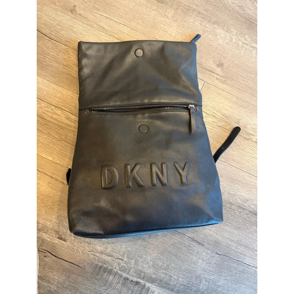 DKNY Black Faux Leather Foldover Roll Top‎ Backpack Flap Closure